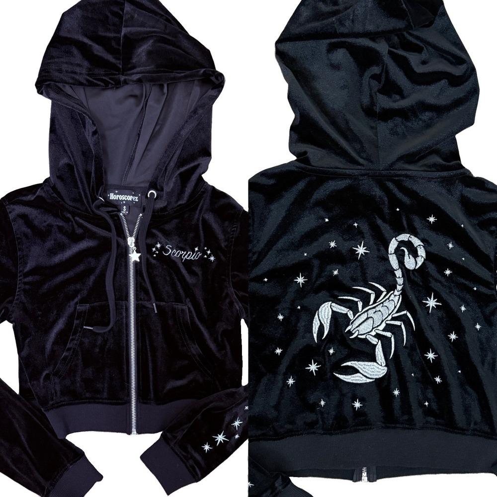 Dolls Kill Horoscopez Scorpio Velour Black Zip Up Hoodie Cropped Size Small